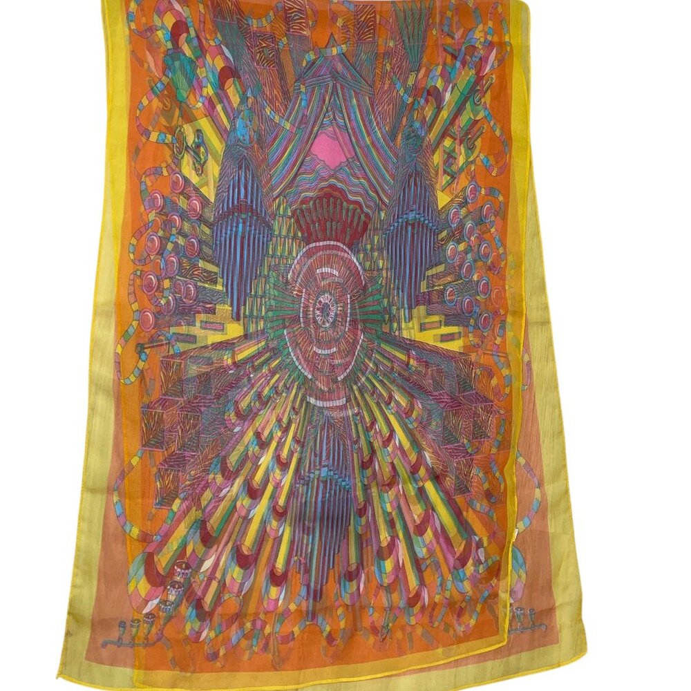 Colorful Patterned Long Orange Transparent‎ Spring Silk Modal Scarf 63” x 21” - Picture 6 of 8